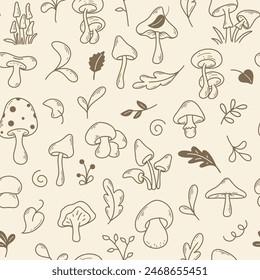 Fondo de bosque con setas y follaje estilo boceto doodle. Varios hongos, hierbas y ramitas sin patrón. Otoño cosecha de setas estampado, gráficos de Vector