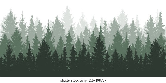 Forest background, nature, landscape. Evergreen coniferous trees. Pine, spruce, christmas tree. Silhouette vector - Shutterstock ID 1167198787