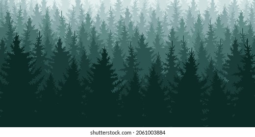 Forest background, nature, landscape. Evergreen coniferous trees. Vector silhouette of pine, spruce, Christmas tree.