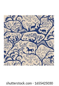 Forest background. pattern with birds, horse and deers trees and flowers.