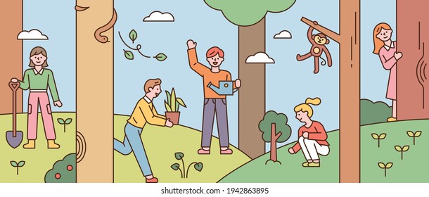 In the forest background, people are taking care of nature. flat design style minimal vector illustration.