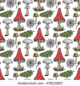 Forest Background with Poisonous Mushrooms. Hand drawn doodle Amanita, Pale toadstool, Oak Leaves and Spider web - Vector Seamless Pattern