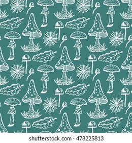 Forest Background with Poisonous Mushrooms. Hand drawn doodle Amanita, Pale toadstool, Oak Leaves and Spider web - Vector Seamless Pattern