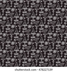 Forest Background with Poisonous Mushrooms. Hand drawn doodle Amanita, Pale toadstool, Oak Leaves and Spider web - Vector Seamless Pattern