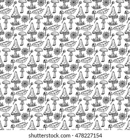 Forest Background with Poisonous Mushrooms. Hand drawn doodle Amanita, Pale toadstool, Oak Leaves and Spider web - Vector Seamless Pattern