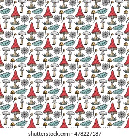 Forest Background with Poisonous Mushrooms. Hand drawn doodle Amanita, Pale toadstool, Oak Leaves and Spider web - Vector Seamless Pattern