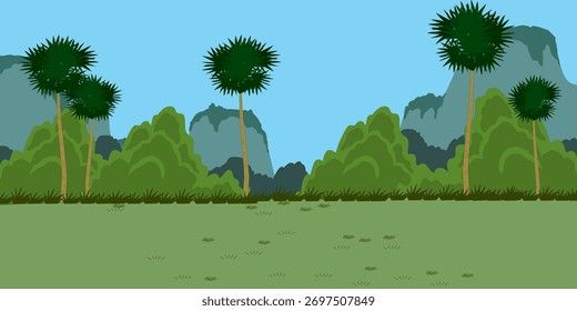 Escena de fondo del bosque con montañas, hierba y palmeras