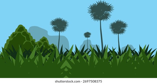 Escena de fondo del bosque con las montañas, las palmeras y la hierba cubierta de maleza