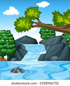 Forest Background Scene Waterfall Illustration Stock Vector (Royalty ...