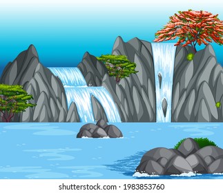 Forest background scene with waterfall illustration