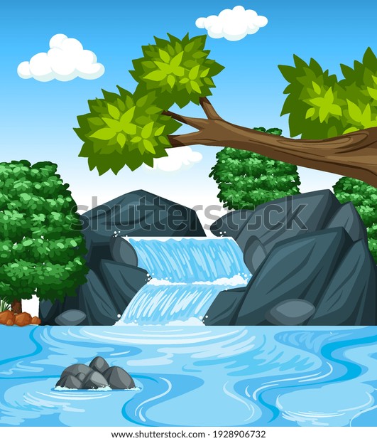 Forest Background Scene Waterfall Illustration Stock Vector (Royalty ...