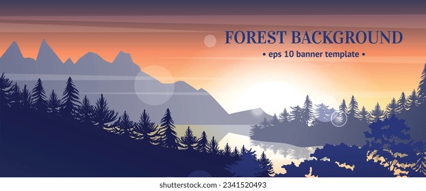 Forest background. Scenic sky. Evening sunset. Hills wild panorama. Sun light. Silhouette fir trees and mountains. River landscape. Hiking travel. Wilderness scenery. Vector nature banner