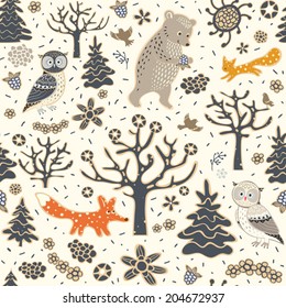 Forest background. Seamless pattern with owls, bear, fox, squirrel, birds, trees and flowers.