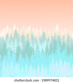 Forest background. Silhouette panorama. Landscape with trees. Conifers. Beautiful sunset view. Winter scene. Illustration vector