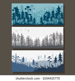 Forest background with silhouette of trees and deer. Vector cartoon banners set isolated on background.