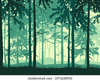 Forest background, silhouettes of trees. Magical misty landscape. Blue and green illustration. 