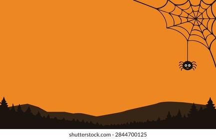 Forest Background with Spider Web Over Dark Halloween Landscape Orange Sky Vector