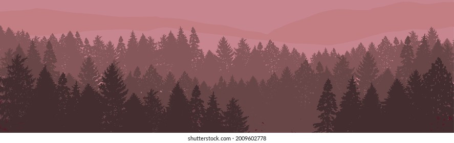 Forest Background. Tree Silhouette. Vector Illustration. Park View. Nature Landscape Collection. Evergreen Conifers. Pine, Spruce, Cedar, Cypres Set. Sunset Forest Horizontal. Dark Red, Brown Shades.