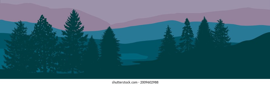 Forest Background. Tree Vector Silhouette. Park View. Nature Landscape. Evergreen Conifers. Pine, Spruce, Cedar Set. Sunrise Forest Horizontal. Abstract banner of Hills. Blue Green Shades and Colors. 