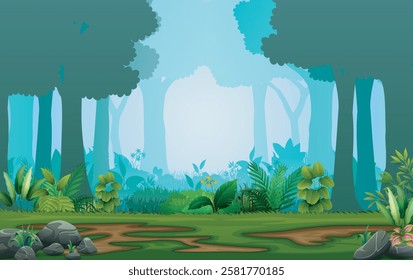 Forest background with trees and green leaf