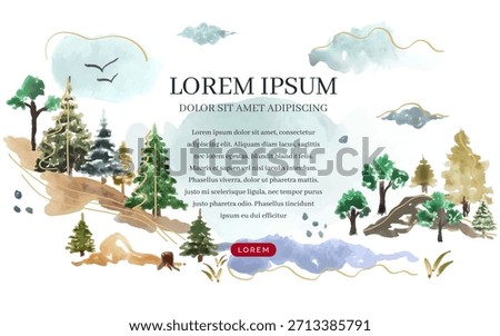 Forest background with trees and landscape in watercolour vector. Landing page design in watercolour style, forest and trees. Watercolour background.