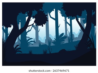 Forest background Vector flat color cartoon illustration.Wildlife silhouettes concept, good for logo, poster, etc.