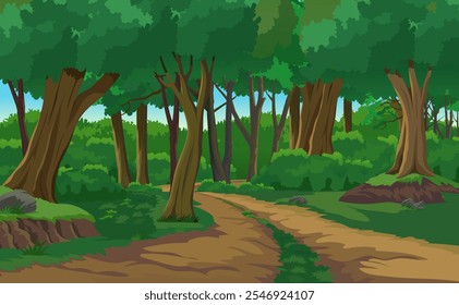 Vetor de Fundo da Floresta, Floresta Verde, selva, árvores, caminho da selva, Floresta totalmente coberto árvores ilustração