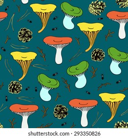 Forest background. Vector seamless pattern with mushrooms, pine cones and ants.