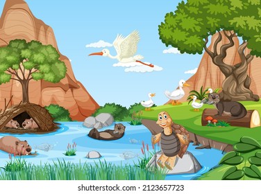 Forest background with wild animals illustration