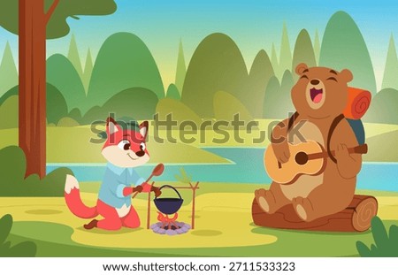 Forest background. Wild animals tourists hiking and exploring outdoor exact vector template