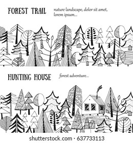Forest backgrounds. House in the woods. Hunting house. Vector illustration, hand drawn, sketch