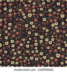 Forest bambi pattern with red and yellow flowers