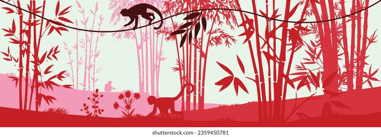 Forest of bamboo trees with monkeys on the foreground, park, alley. Landscape of isolated bamboo trees in various shade of greens. Silhouette vector