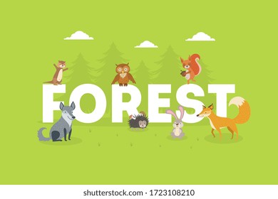 Forest Banner, Cute Wild Animals with Giant Letters, boar, Hedgehog, Squirrel, Hare, Fox, Owl Vector illustration