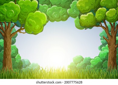 forest banner, nature background. summer sunny day scene with woodland, green glade, blue sky. vector illustration. cartoon landscape with trees, grass and sunshine. sunrise or sunset park scene.