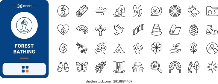 Forest bathing trail shinrin yoku line icon set covering nature, therapy, ecotherapy, and wellness concepts, thin linear illustration.