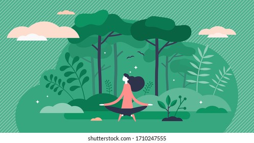 Forest bathing vector illustration. Nature therapy flat tiny persons concept. Recreational ecotherapy process to gain strength, calm, harmony and balance in daily lifestyle. Physical health treatment.