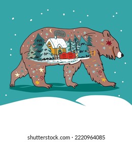 Forest bear animal doodle vector illustration poster.
