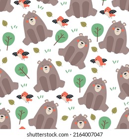 Forest bear bird animal seamless wrapping cover pattern. Vector flat cartoon graphic design illustration