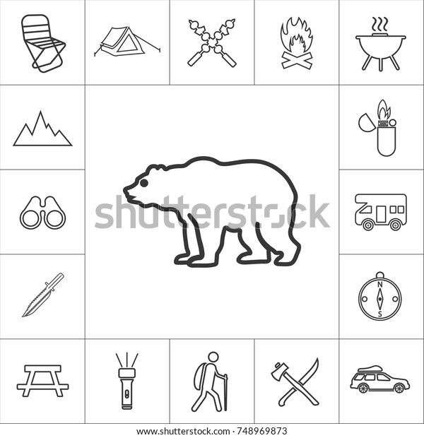 forest\
bear. line camping icon set on white\
background