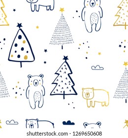 Forest and bear  seamless pattern print design. Vector illustration design for fashion fabrics, textile graphics, prints.