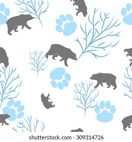 Forest bear seamless pattern. Vector winter holidays light white background. Trees silhouettes without foliage, animal paws and snow