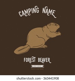 Forest beaver vector illustration. European animals silhouettes with lettering chalk board. Camping logo design.