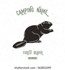 Forest beaver vector illustration. European animals silhouettes vintage. Camping logo design.