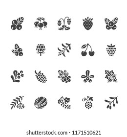 Forest berries colored flat glyph icons - blueberry, cranberry, raspberry, strawberry, cherry, rowan berry blackberry. Watermelon, grapes, olives silhouette illustrations for natiral food store.