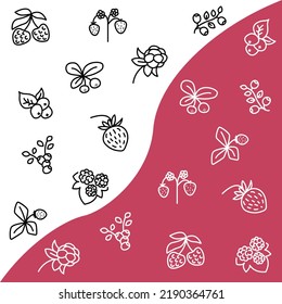 Forest berries flat line icons set. Fresh berries raspberry, lingonberry, blueberry, blackberry, strawberry. Simple flat vector illustration for store, web site or mobile app.