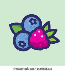 Forest berries illustration. Ripe blueberries and raspberry with leaves. Icon of health products on a light background. Simple berries emblem.