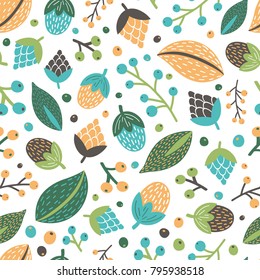 Forest berries, leaves and branches seamless pattern background. Vector illustration