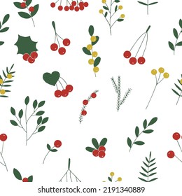 Fresas y plantas sin fisuras ilustraciones vectoriales, dibujos a mano, colores rojos, dorados y verdes