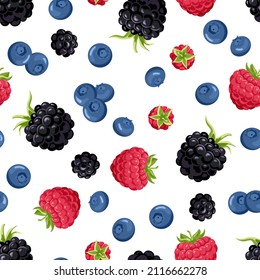 Forest berries seamless pattern. Vector illustration of raspberry, blackberry, blueberry. Berry fruit background. Cartoon flat style.